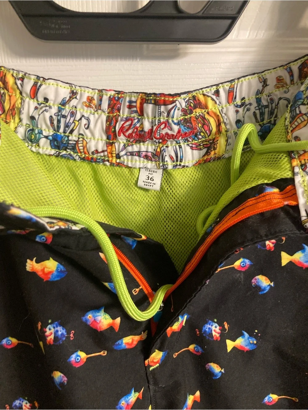 Robert Graham Black Swim Board Shorts with Colorful Fish Print